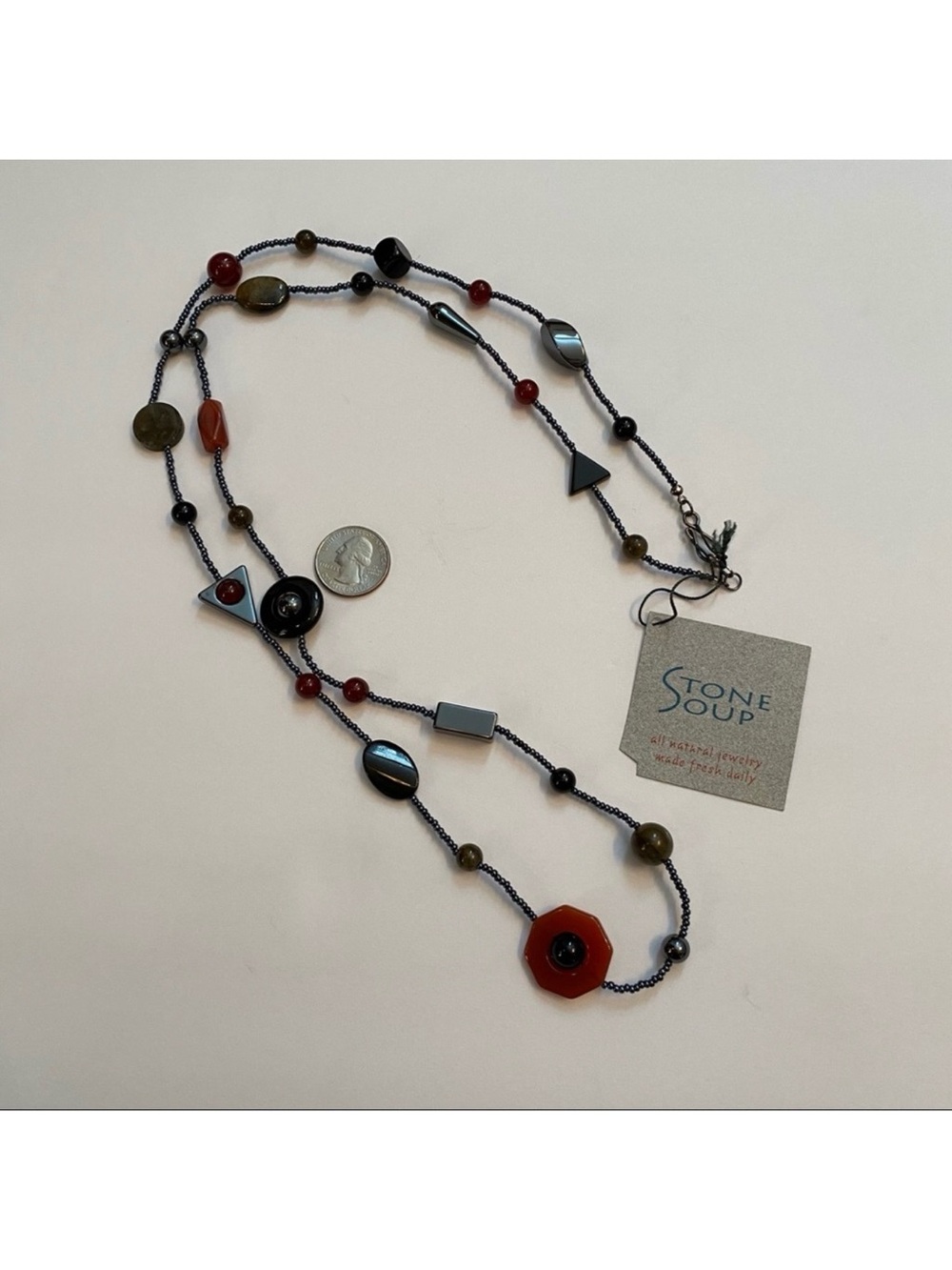 NEW STONE SOUP NECKLACE ALL NATURAL BLACK ONYX RED CARNELIAN HEMATITE 41”